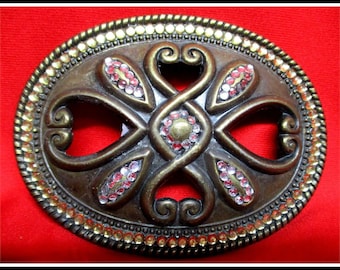 Hebilla de cinturón de bronce antiguo muy inusual, hecha a mano con diamantes de imitación, aspecto gótico