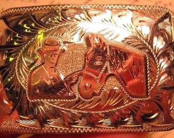 Plata de ley 10 K ORO Cowboy & Horse Denver Belt Buckle Company