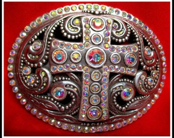 Belle boucle de ceinture CROIX faite main en strass multicolore de créateur, couleur argentée