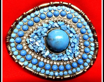 Boucle de ceinture en argent antique INSOLITE faite à la main avec strass, nuances de bleu, pierres et perles