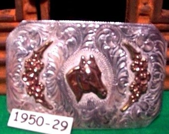 Fantástica antigua hebilla de cinturón de plata de ley sólida SSS con cabeza de caballo de 3x2"