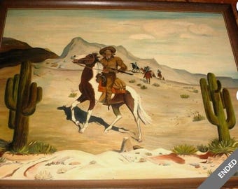 Gran pintura al óleo antigua y rara hecha a mano de Buffalo Bill a caballo por Willie Terry