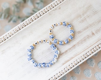 Handmade Custom Blue Chinoiserie MAMA and MINI Bracelet