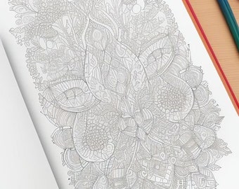May include: A black and white intricate line drawing of a large floral design in a coloring book. A hand is holding a blue pencil over the page.