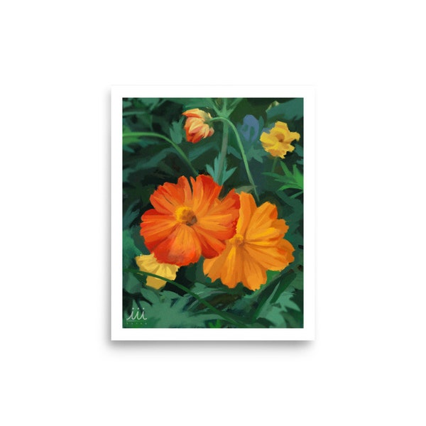 Digital Flower Art Print, Orange Cosmos Flowers on 8x10 Matte Paper, Wall Decor Poster