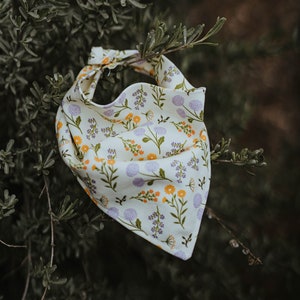 May include: A white bandana with a floral pattern featuring purple and orange flowers. The bandana is hanging on a green bush.