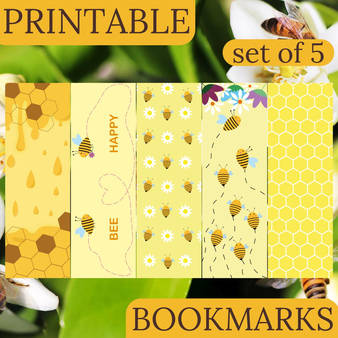 Set of 5 Printable Bee and Honeycomb Bookmarks - Cute Book Accessories ...