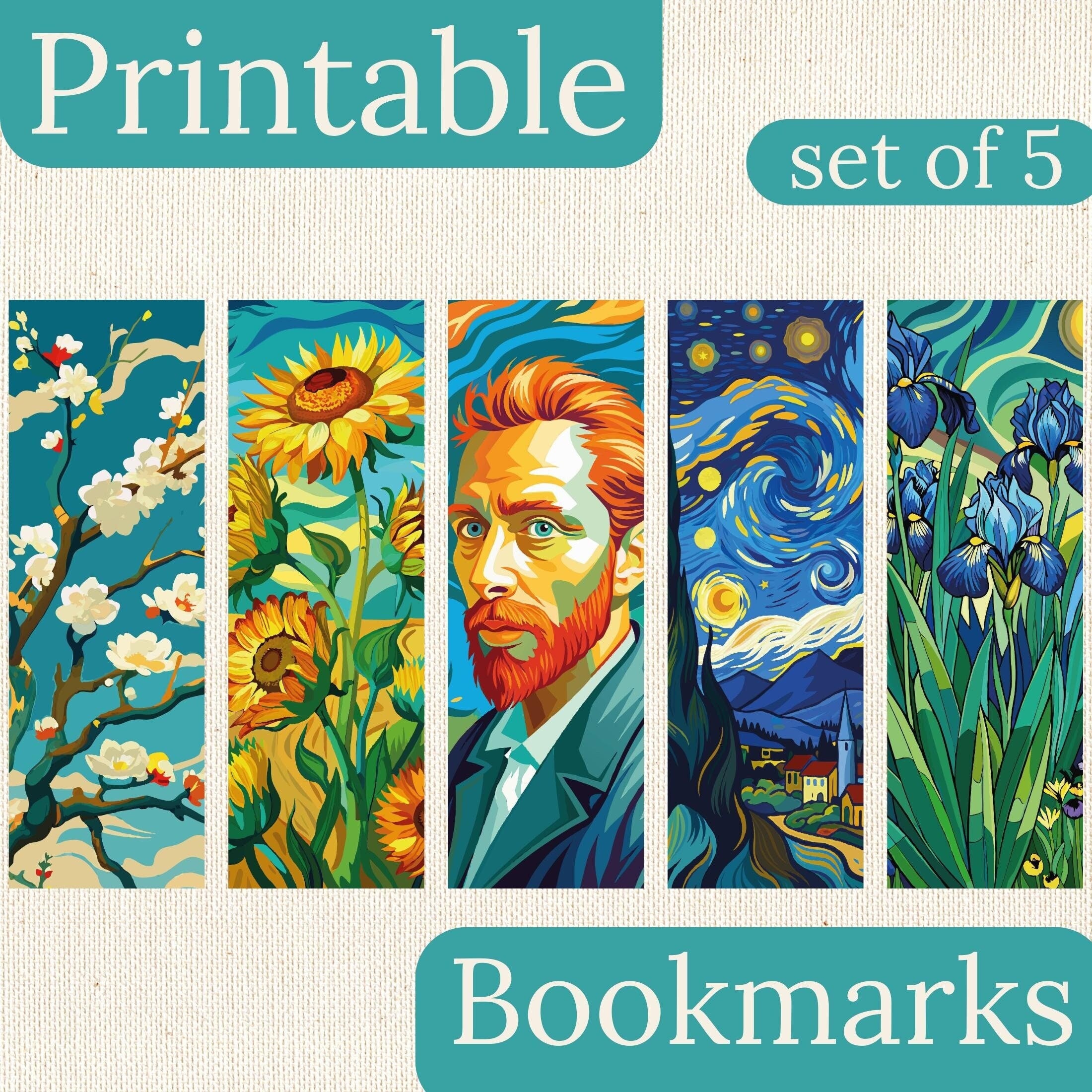 Van Gogh Custom Bookmarks, Printable Cute Bookmarks, Starry Night - Sunflower - Book Lover Gift, Bookish Decor Digital Download