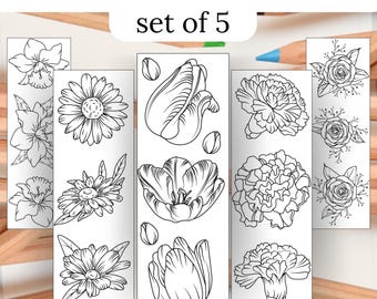 Floral Coloring Bookmarks: Chrysanthemum, Carnation, Tulip (PDF Download)