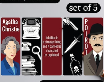 Regalo de Agatha Christie: Marcapáginas imprimibles, arte de detectives, artículos de Hércules Poirot, regalo para amantes del misterio, marcapáginas retro de crímenes.