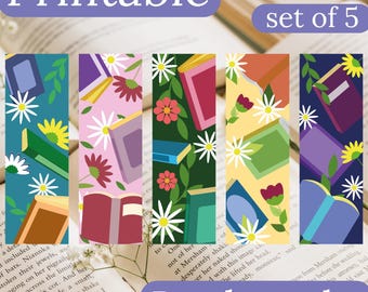 Books and Flowers Printable Bookmarks Set of 5 (Instant Download)