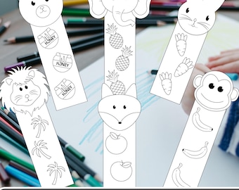 Druckbare Lesezeichen - digitales Geschenk für Kinder, - sofortiger Download - Tier Malseiten - Fuchs, Bär, Affe, Kaninchen, Elefant- Umweltfreundlich