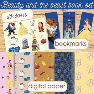 Beauty and the Beast |Princess Belle Digital Paper, Rose Art, Printable Bookmarks, Disney Sticker Pack, Easy to Download Set
