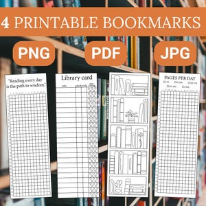 Printable Reading Tracker Bookmarks: Library Card, Coloring Bookshelf (PDF, JPG, PNG)