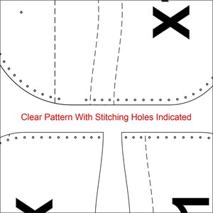 May include: A black and white sewing pattern with stitching holes indicated. The pattern is for a garment with a curved bottom and two vertical seams. The text "Clear Pattern With Stitching Holes Indicated" is written below the pattern.