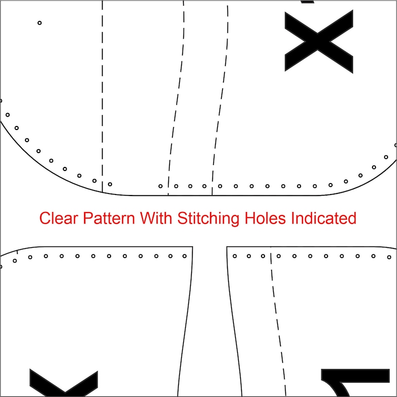 May include: A black and white sewing pattern with stitching holes indicated. The pattern is for a garment with a curved bottom and two vertical seams. The text "Clear Pattern With Stitching Holes Indicated" is written below the pattern.