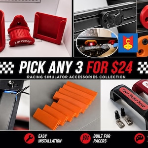 Può includere: Una collezione di accessori per simulatori di corse rossi e arancioni, tra cui portabicchieri, staffe di montaggio e maniglie. L'immagine presenta anche il testo "PICK ANY 3 FOR $24" e "RACING SIMULATOR ACCESSORIES COLLECTION".
