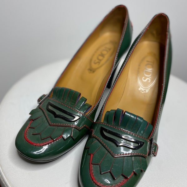 Blue Green Cut Out Pumps, Vintage 1990s Tod's Made in Italy Slip Ons 8.5 N, Special Event Shoes, Going Out
