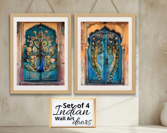 May include: Set of four framed prints featuring colorful Indian doors with peacock designs. The doors are painted in shades of blue, green, and yellow. The text "Set of 4 Indian Wall Art doors" is printed on a white background.