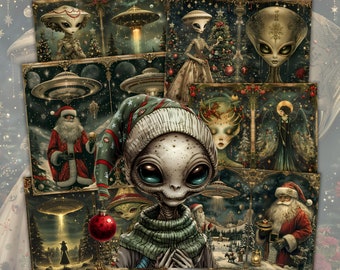 Puede incluir: Una colección de grabados artísticos de fantasía que presentan seres extraterrestres en escenas festivas. La obra de arte incluye imágenes de extraterrestres, Papá Noel, ovnis y árboles de Navidad, todo ello en un estilo vintage.