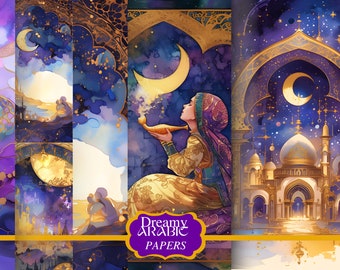 May include: A digital collage of four images featuring a whimsical, dreamy Arabian theme. The images depict a crescent moon, stars, and a woman holding a golden lamp. The images are set against a backdrop of purple, blue, and gold.