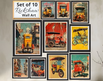 Set of 10 Indian Vintage Rickshaw Wall Art Download Rickshaw Canvas Art Tuk Tuk Wall Art Desi Pop Art indian vehicle Print Indian transport