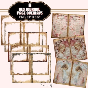 Op de afbeelding: Zes digitale overlays van oude journaalpagina's in PNG-formaat, met een afmeting van 28 cm bij 21,6 cm. De overlays hebben beschadigde randen, vervaagde inkt en vintage texturen. Sommige overlays bevatten bloemmotieven en engelbeelden.