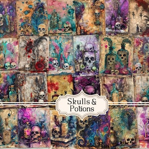 100 Skulls & Potions Parchment Book of Shadow Grimoire Papers Spellbook Pages BOS Grimoire Mystic Potion Paper Gothic art digital papers