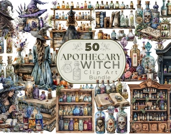 Op de afbeelding: Een digitale clip art-bundel met 50 afbeeldingen met een heksenthema apotheek. De afbeeldingen omvatten flessen, potten, kruiden, drankjes, boeken en andere magische items. De afbeeldingen zijn in aquarelstijl en perfect voor het maken van digitale projecten, zoals uitnodigingen, kaarten en scrapbookpagina's.