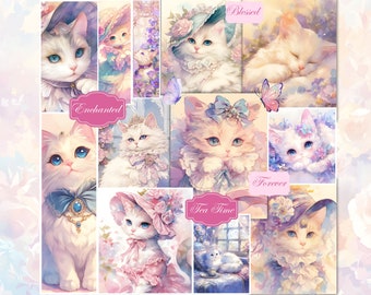 Victorian Anime Cats Digital Papers Kitten Watercolor Anime Cat Junk Journal Cute Animal paper Kit Pastel Cats ATC Cards Kitty Anime journal