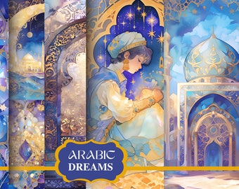 May include: A digital collage of watercolor illustrations featuring a blue and gold mosque, a person in a turban holding a glowing orb, and a repeating pattern of stars and crescent moons. The text "ARABIC DREAMS" is at the bottom of the image.