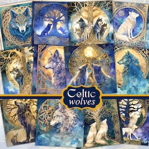 May include: A set of nine digital art prints featuring watercolor illustrations of wolves in a Celtic knot design. The wolves are depicted in shades of blue, white, and gold against a starry night sky background. The prints feature a moon and a tree with golden branches.