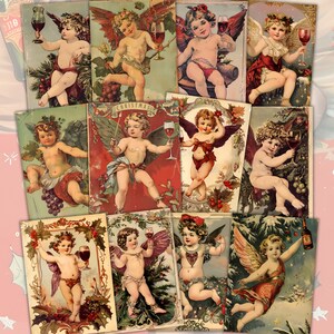 Diario de Navidad de querubín vintage Hoja de collage de invierno ATC de Navidad divertida ACEO Tarjeta elegante vintage de Papá Noel de Navidad Tarjetas de Navidad divertidas de Atc