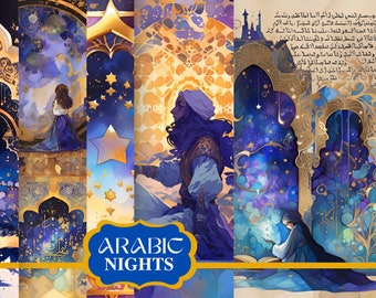 May include: A collage of digital art featuring a blue and gold color scheme. The art depicts a variety of scenes, including a woman looking at a starry sky, a man sitting with a book, and a city skyline. The text "ARABIC NIGHTS" is written in a decorative font.