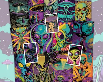 Retro Alien Pół strony Alien ATC Cards Dziennik śmieci obcych UFO do druku Dziennik śmieci z lat 50. Dziennik śmieci obcych UFO do druku Dziennik śmieci kosmiczny