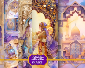 May include: A digital collage of four images featuring a watercolor style with a pastel color palette. The images depict ornate golden arches, a woman in a purple and gold dress, and a mosque with golden domes. The text "Pastel Arabic Papers" is featured in the center of the collage.