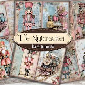 May include: A collage of vintage-style journal pages with illustrations of The Nutcracker, toy trains, and nutcracker figures. The pages have a distressed, aged appearance with a soft colour palette of pink, blue, and cream.