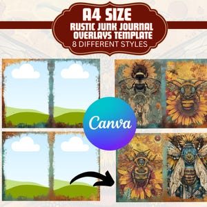 Sobreposição de diário rústico A4 Canva Template DIY Journal Making Modelos de sobreposição de papelão Modelo de diário de página dupla Modelo Canva