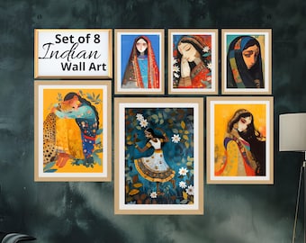 May include: Set of 8 Indian Wall Art prints featuring colorful illustrations of women in traditional clothing and settings. The prints are framed in simple wooden frames.