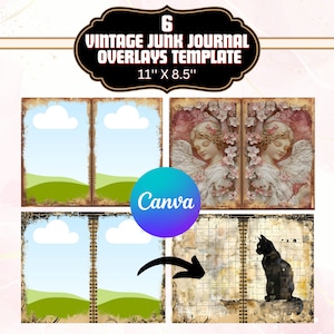 Sobreposição de diário de lixo Canva Template DIY Journal Making Vintage Scrapbook Templates Double Page Journal Template Canva Vintage Frame Template