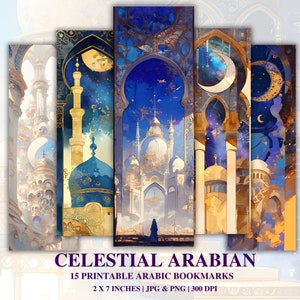 May include: Set of 15 printable bookmarks featuring intricate illustrations of a celestial Arabian city with golden and blue accents. The bookmarks are 2 inches by 7 inches and are available in JPG and PNG formats at 300 DPI.