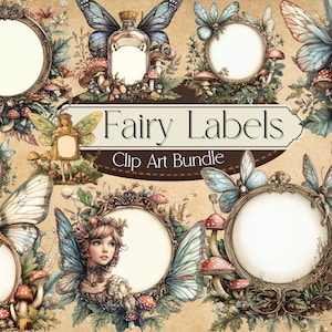 Może przedstawiać: Zestaw cyfrowych grafik przedstawiający etykiety wróżek z ozdobnymi ramkami, motylami i grzybami. Etykiety są puste i można je wykorzystać do różnych celów. W obrazie znajduje się tekst "Fairy Labels Clip Art Bundle".