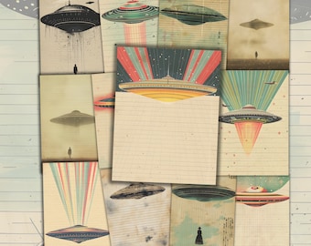 May include: A collage of vintage-style illustrations featuring flying saucers in various colors and designs. The illustrations are set against a background of lined paper with a faded, aged look. The text "中・金・ガ・ン・リ・千・田・初・星・し・寿" is visible in the upper left corner.