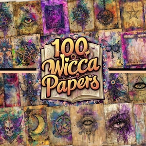 May include: A collage of 100 digital papers featuring a variety of mystical and occult imagery, including pentagrams, eyes, skulls, and other symbols. The papers are in a variety of colours, including purple, blue, green, and gold. The text "100 Wicca Papers" is in the centre of the image.