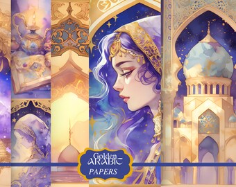 May include: A digital collage of five images with a watercolor style. The images feature a woman with purple hair wearing a gold head covering, a book with a golden lamp, a golden archway, a golden dome building, and a night sky with stars. The text "Golden Arabic Papers" is at the bottom of the collage.