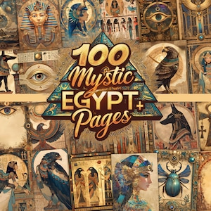 May include: A collage of 100 digital papers featuring images of ancient Egyptian mythology, including pharaohs, gods, goddesses, hieroglyphs, and symbols. The papers are in a variety of colours and styles, and are perfect for scrapbooking, card making, and other craft projects.