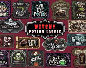 May include: A set of 16 printable witchy potion labels with spooky and whimsical designs. The labels feature various potion names like "Evil Eye Potion", "Mummy's Wrath", and "Spider Silk Serum".