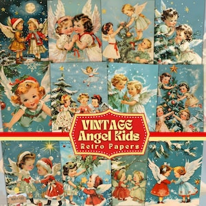 Vintage Christmas Angel Kids Digital Paper Bundle Nostalgic Holiday Scrapbook & Card Making Supplies Vintage Angel Children Junk Journal Kit