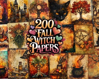 Può includere: Un collage di 200 carte digitali a tema autunnale e streghe. Le carte presentano immagini di alberi, gatti, calderoni e altre immagini autunnali. Il testo "200 Fall Witch Papers" è al centro del collage.