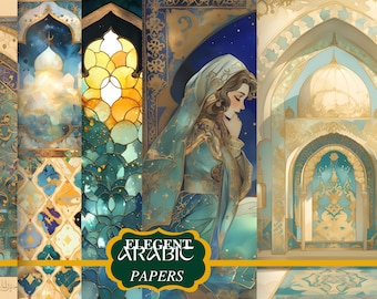 May include: A digital collage of four images featuring intricate patterns and designs in shades of blue, gold, and white. The images depict a mosque, a stained glass window, a woman in a blue robe, and a decorative archway. The text "ELEGANT ARABIC PAPERS" is displayed in a green banner.